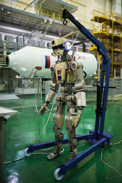 In this photo taken on Friday, July 26, 2019, and distributed by Roscosmos Space Agency Press Service, the Fedor robot is displayed before being loaded into a Soyuz capsule that was launched Thursday Aug. 22, 2019, from the launch pad at Russia's space facility in Baikonur, Kazakhstan. A Russian space capsule carrying a humanoid robot has failed to dock as planned with the International Space Station. A statement from the Russian space agency Roscosmos said the failure to dock on Saturday Aug. 24, 2019, was because of problems in the docking system, but didn't give details.