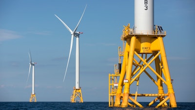 Three of Deepwater Wind's turbines off Block Island, R.I., Aug. 15, 2016.