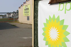 BP sponsorship sign at Mulcahy Stadium in Anchorage, Wednesday, Aug. 28, 2019.