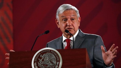 Mexican President Andrés Manuel López Obrador during his daily morning press conference at the National Palace in Mexico City, Friday, May 31, 2019.