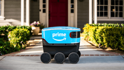 This undated photo provided by Amazon shows a self-driving delivery robot that Amazon is calling Scout. Amazon is expanding the use of its self-driving delivery robots to a second state. The online shopping giant says the six-wheeled robots, about the size of a Labrador, will start delivering packages to customers in Irvine, Calif. Amazon.com Inc. has been testing them in a Seattle suburb since the beginning of the year.