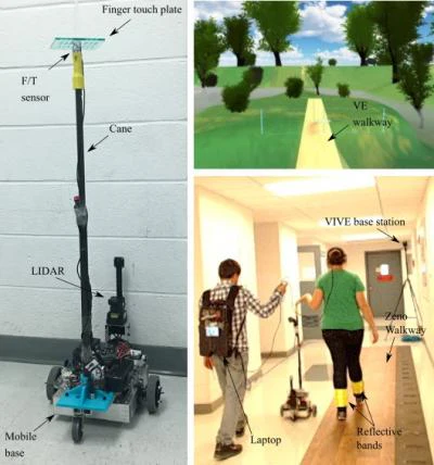 (Left) A view of CANINE. The LIDAR was positioned at the rear of the robot for better viewing of the subject's legs. (Top right) The virtual environment. (Bottom right) The experimental setup, with a subject wearing the VR headset and maintaining light touch contact with CANINE.