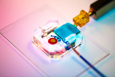 The Huh lab's eye-on-a-chip attached to a motorized, gelatin-based eyelid. Blinking spreads tears over the corneal surface, and so was a critical aspect to replicate in the researchers' model of dry eye disease. cells. The cells of the cornea grow on the inner circle of scaffolding, dyed yellow, and the cells of the conjunctiva grow on the surrounding red circle. Artificial tears are supplied by a tear duct, dyed blue.