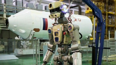 In this photo taken on Friday, July 26, 2019, and distributed by Roscosmos Space Agency Press Service, the Fedor robot is displayed before being loaded into a Soyuz capsule that was launched Thursday Aug. 22, 2019, from the launch pad at Russia's space facility in Baikonur, Kazakhstan. A Russian space capsule carrying a humanoid robot has failed to dock as planned with the International Space Station. A statement from the Russian space agency Roscosmos said the failure to dock on Saturday Aug. 24, 2019, was because of problems in the docking system, but didn't give details.