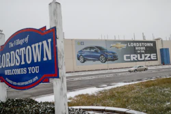 A banner depicting the Chevrolet Cruze model vehicle is displayed at the Lordstown plant on Nov. 27, 2018.