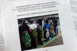 Pages from a report released from the Washington-based Worker Rights Consortium, photographed in Washington, Thursday, August 15, 2019. The report from labor rights groups says women sewing blue jeans for Levi’s, Wrangler, Lee and The Children’s Place in several African factories faced sexual harassment and gender-based violence and some were coerced into having sex with supervisors.