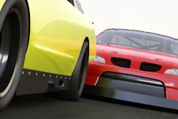 Extreme motorsports racing with race car competitively looking to pass stock photo.