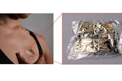 Figure 2: This is flexible organic differential amplifier attached onto the human chest. The organic differential amplifier is extremely lightweight and thin and can be attached onto soft skin without causing any discomfort to the user.