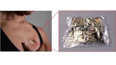 Figure 2: This is flexible organic differential amplifier attached onto the human chest. The organic differential amplifier is extremely lightweight and thin and can be attached onto soft skin without causing any discomfort to the user.