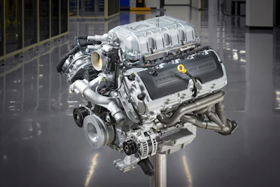 This undated image provided by Ford Motor Company shows a 5.2-liter supercharged V8 engine that will be part of the most powerful street-legal Ford Mustang ever built. The Mustang will go on sale this fall.