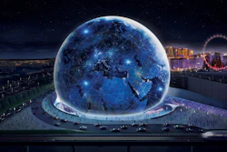 This conceptual rendering released by Madison Square Garden shows the exterior of the MSG Sphere Las Vegas arena. Company and project officials are estimating costs to complete a spherical entertainment venue under construction on the Las Vegas Strip at between $1.2 billion and $1.7 billion. Madison Square Garden Co. President Andrew Lustgarten disclosed cost projections Tuesday, Aug. 20, 2019 along with quarterly company earnings. The 18,000-seat arena, called MSG Sphere, is a partnership between MSG and Las Vegas Sands, the owner of the adjacent Venetian and Palazzo resorts.