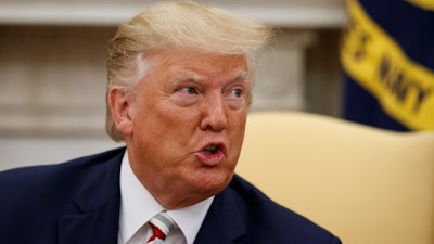 President Donald Trump speaks during a meeting with Romanian President Klaus Iohannis in the Oval Office of the White House, Tuesday, Aug. 20, 2019, in Washington. Trump has been on a tear about Google that traces back to unfounded conspiracy theories about the technology giant, unproven claims by former Google employees and a small research study that the president misconstrued.