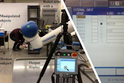 To test how well the algorithm might work in a warehouse, the researchers had a robot (white arm) monitor participants performing activities in a warehouse-like setting. Within three seconds of the end of each activity, the robot showed a score on its display (right).