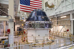 The Orion crew capsule undergoes preparations for the first Artemis lunar mission, June 2019.