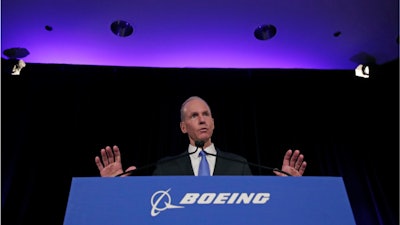 Boeing Chief Executive Dennis Muilenburg speaks during a news conference after the company's annual shareholders meeting at the Field Museum in Chicago, Monday, April 29, 2019.