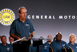 In this July 16, 2019, file photo, United Auto Workers President Gary Jones speaks during the opening of their contract talks with General Motors in Detroit.