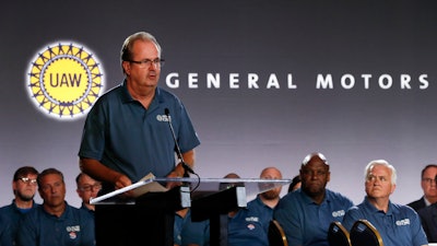 In this July 16, 2019, file photo, United Auto Workers President Gary Jones speaks during the opening of their contract talks with General Motors in Detroit.