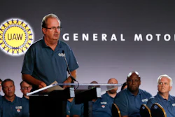 In this July 16, 2019, file photo, United Auto Workers President Gary Jones speaks during the opening of their contract talks with General Motors in Detroit.