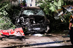A destroyed car stands between rubble in Berlin, Sept. 7, 2019.