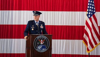 Gen. John W. Raymond, the commander of the U.S. Space Command, speaks Monday, Sept. 9, 2019, at Peterson Air Force Base in Colorado Springs, Colo.