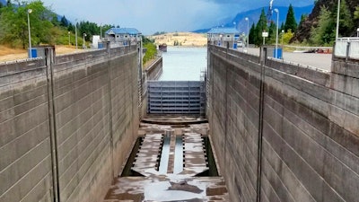 This Sept. 8, 2019, photo shows a dry boat lock on the Bonneville Dam on the Columbia River at Cascade Locks., Ore.