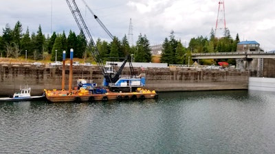 This Sunday, Sept. 8, 2019, photo shows a boat lock on the Bonneville Dam at Cascade Locks., Ore.