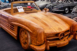 A Mercedes 300 SL Gullwing Roadster made of Teak wood displayed at the IAA Auto Show in Frankfurt, Germany, Wednesday, Sept. 11, 2019.