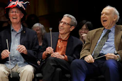 From left, Nobel Laureates Rich Roberts (Medicine, 1993), Eric Maskin (Economics, 2007), and Jerome Friedman (Physics, 1990) during the 29th annual Ig Nobel awards ceremony at Harvard University, Sept. 12, 2019, in Cambridge, Mass.