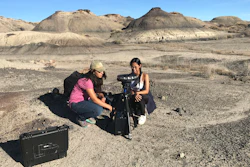 Filmmakers Carmile Garcia, left, and Kayla Briet use a 360 VR video rig cameras in Bisti/De-Na-Zin Wilderness area in New Mexico, Oct. 24, 2017.