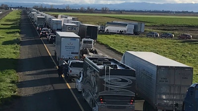 Traffic backup on southbound Interstate 5 in Colusa County, Calif., Feb. 14, 2019.