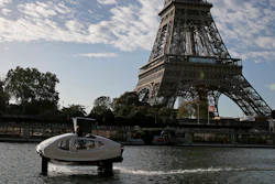 SeaBubbles co-founder Anders Bringdal onboard a SeaBubble by the Eiffel Tower on the river Seine, Wednesday Sept. 18, 2019.