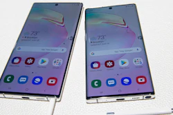 This Aug. 7, 2019, file photo shows the Samsung Galaxy Note 10, right, and the Galaxy Note 10 Plus on display during a launch event in New York.
