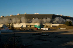 In this Dec. 3, 2017, file photo, detonations seen during an attempted implosion of the Silverdome in Pontiac, Mich.