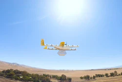 This undated image made from video provided in September 2019 by Wing, a member of the Alphabet family of companies, shows a delivery drone test which is part of a partnership with Walgreens.