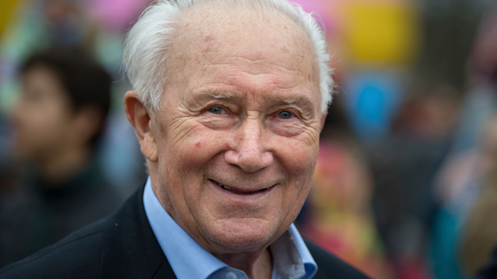 In this March 24, 2019, photo, cosmonaut Sigmund Jaehn stands in front of the Cosmonaut Center in Chemnitz.