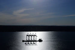 The Zhen Hua 31 heavy-lift ship sails into Commencement Bay in Tacoma, Wash., March 5, 2019.