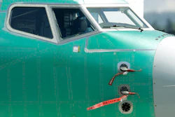 In this April 26, 2019, file photo, caution flags are shown on flight sensors on a Boeing 737 Max 8 airplane being built at Boeing's assembly facility in Renton, Wash.