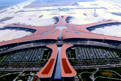 In this image made from CCTV video taken Sept. 17, 2019, an aerial view is seen of the new Beijing Daxing International Airport.