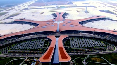 In this image made from CCTV video taken Sept. 17, 2019, an aerial view is seen of the new Beijing Daxing International Airport.