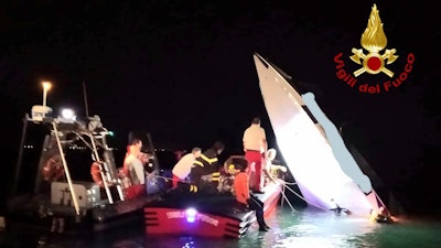 This image provided by firefighters shows the wreckage of a racing boat that allegedly smashed into a dam at the entrance of the Venice laguna, Italy, late Tuesday, Sept. 17, 2019. Firefighters said one of the men on board was thrown off the boat and was taken to the hospital, the bodies of the three others were found by scuba-divers inside the cabin. According to the Italian news agency ANSA, the men were attempting to break the racing boat record for Monte Carlo to Venice and among the dead was 76-year-old Italian boat racing pilot Fabio Buzzi.