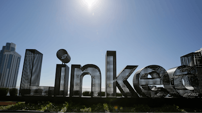 This Sept. 22, 2016, file photo shows a sculpture on a terrace outside the offices of LinkedIn in San Francisco. A federal appeals court has affirmed the right of a startup company to collect information from people's public profiles on networking service LinkedIn. The U.S. Court of Appeals for the Ninth Circuit in San Francisco upheld a previous ruling Monday, Sept. 9. 2019, siding with hiQ Labs, a San Francisco company that analyzes workforce data scraped from profiles.