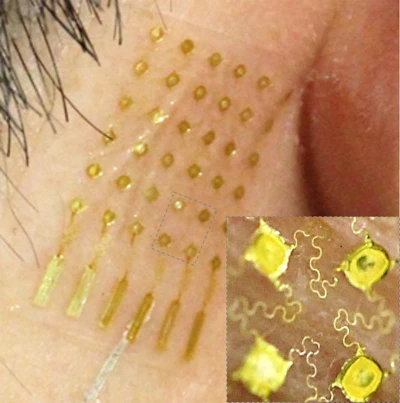 An aerosol-jet printed stretchable, skin-like electrode with an open-mesh structure shown in inset.