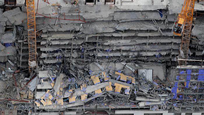 This aerial photo shows the Hard Rock Hotel, which was under construction, after a fatal partial collapse in New Orleans, Saturday, Oct. 12, 2019.