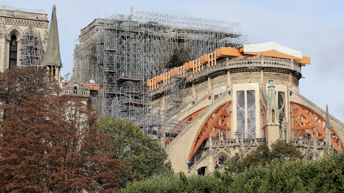 Notre Dame cathedral is pictured Tuesday, Oct. 15, 2019 in Paris. French Culture Minister Franck Riester said the melted, twisted scaffolding atop Notre Dame Cathedral will be removed 'in coming weeks' to allow restoration work to begin. It's been six months since fire gutted the medieval structure, which was under renovation at the time and crisscrossed with scaffolding where the spire once stood.