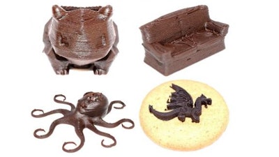 Concept of chocolate-based ink 3D printing (Ci3DP) involves liquid chocolate products mixed with edible additives and printed by a direct ink writing (DIW) 3D printer at room temperature.