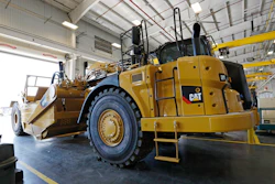In this Sept. 18, 2019, photo, a new heavy duty Caterpillar grader awaits modification at Puckett Machinery Company in Flowood, Miss.