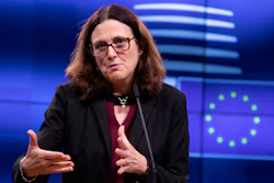 European Commissioner for Trade Cecilia Malmstrom speaks during a media conference after an informal lunch of EU trade ministers at the Europa building in Brussels, Oct. 1, 2019.