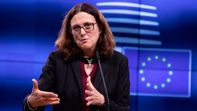 European Commissioner for Trade Cecilia Malmstrom speaks during a media conference after an informal lunch of EU trade ministers at the Europa building in Brussels, Oct. 1, 2019.