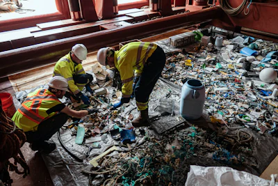 In this undated handout photo provided by The Ocean Clean Up, crew members sort through plastic on board a support vessel on the Pacific Ocean. A Dutch inventor says that after a series of setbacks his system for catching plastic floating in the Pacific between California and Hawaii is now working. Boyan Slat, a university dropout who founded The Ocean Cleanup nonprofit, announced Wednesday, Oct. 2, 2019 that the floating boom is skimming up waste ranging in size from a discarded net and a car wheel complete with tire to chips of plastic measuring just 1 millimeter.