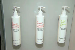This Aug. 27, 2019, file image made from video shows bottles of shampoo, conditioner and shower gel that will replace smaller bottles of them by 2021, filmed at Marriott's headquarters in Bethesda, Md.